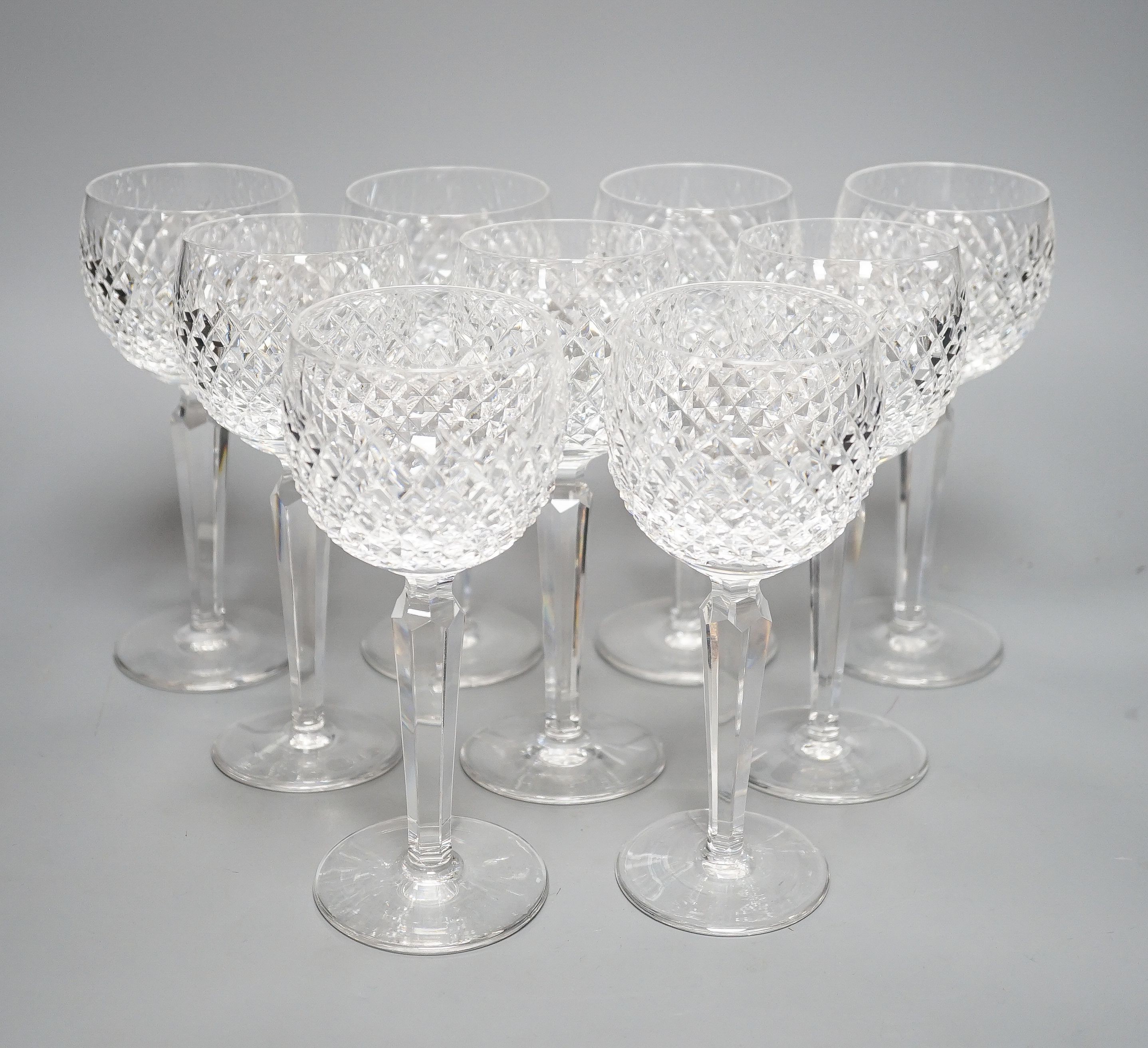 A set of nine Waterford crystal hock glasses, 19cm high